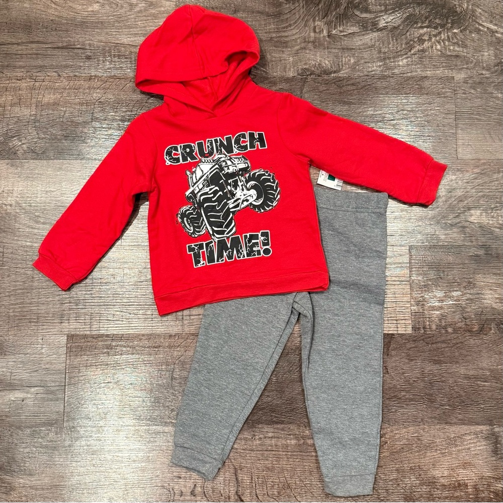 NEW Kidgets Monster Truck Two Piece Outfit Red Hoodie and Gray Pants 24 Months
